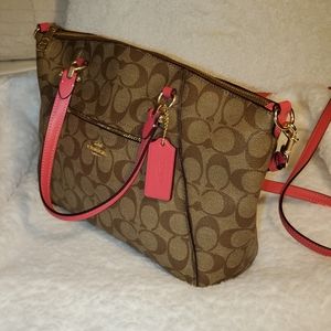 Coach Prairie Satchel in Signature Canvas with pink handbag F79998